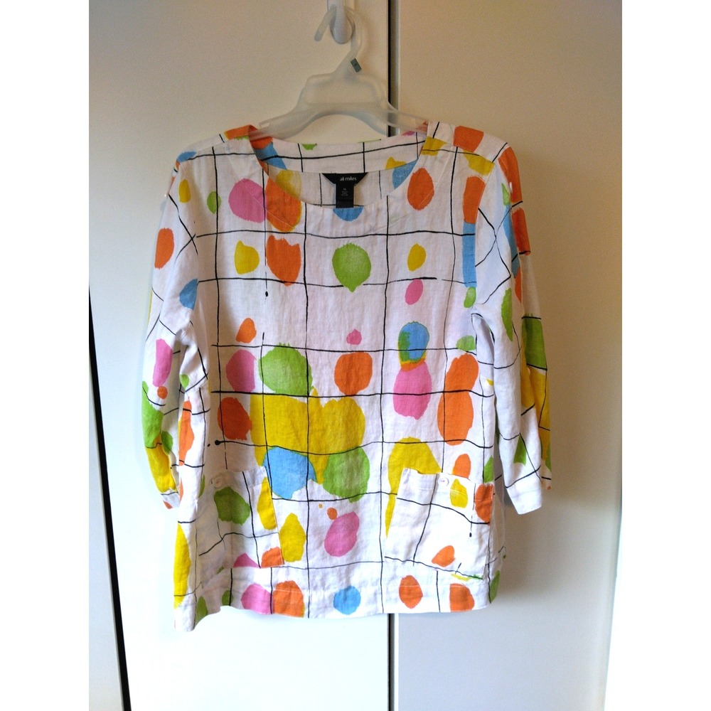 Ali Miles Linen Artsy Tunic Top Size XL Polka Dots Watercolor Art Teacher